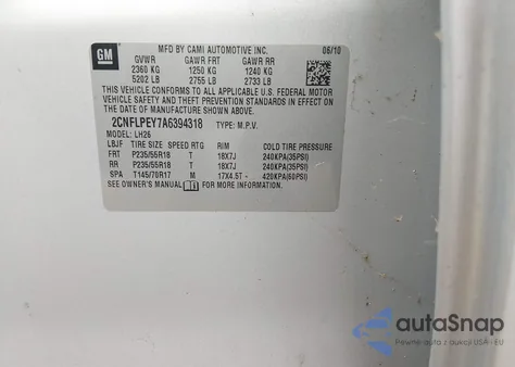 2010 Chevrolet Equinox Lt z USA, uszkodzony, nr VIN 2CNFLPEY7A6394318